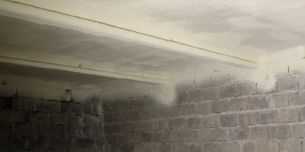 Källartak helt täckt med RadonFoam ovanför betongblock-vägg — sömlös sprutad radonbarriär